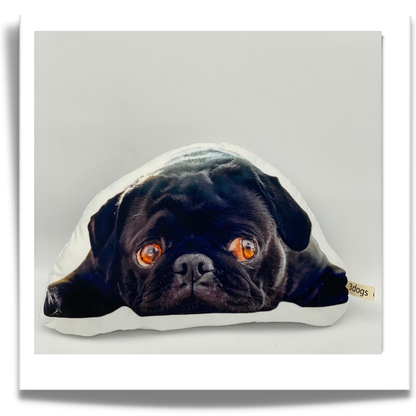 Black pug cut out cushion: “Custom pet photo cushion shaped around a black pug lying down with its paws outstretched.”