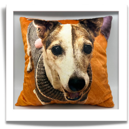 Square dog portrait cushion: “Square personalised pet photo cushion featuring a brown and white dog wearing a knitted jumper.”Square character cushion from 3dogscpt