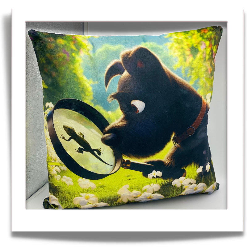 Illustrated dog and lizard: “Square cushion featuring an illustrated black dog examining a lizard through a magnifying glass.”