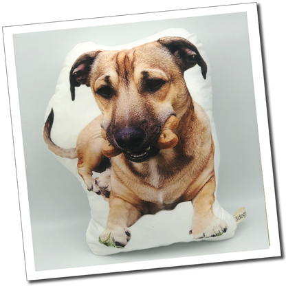 Tan dog cushion: “Personalised dog-shaped photo cushion featuring a tan dog holding a chew in its mouth.”