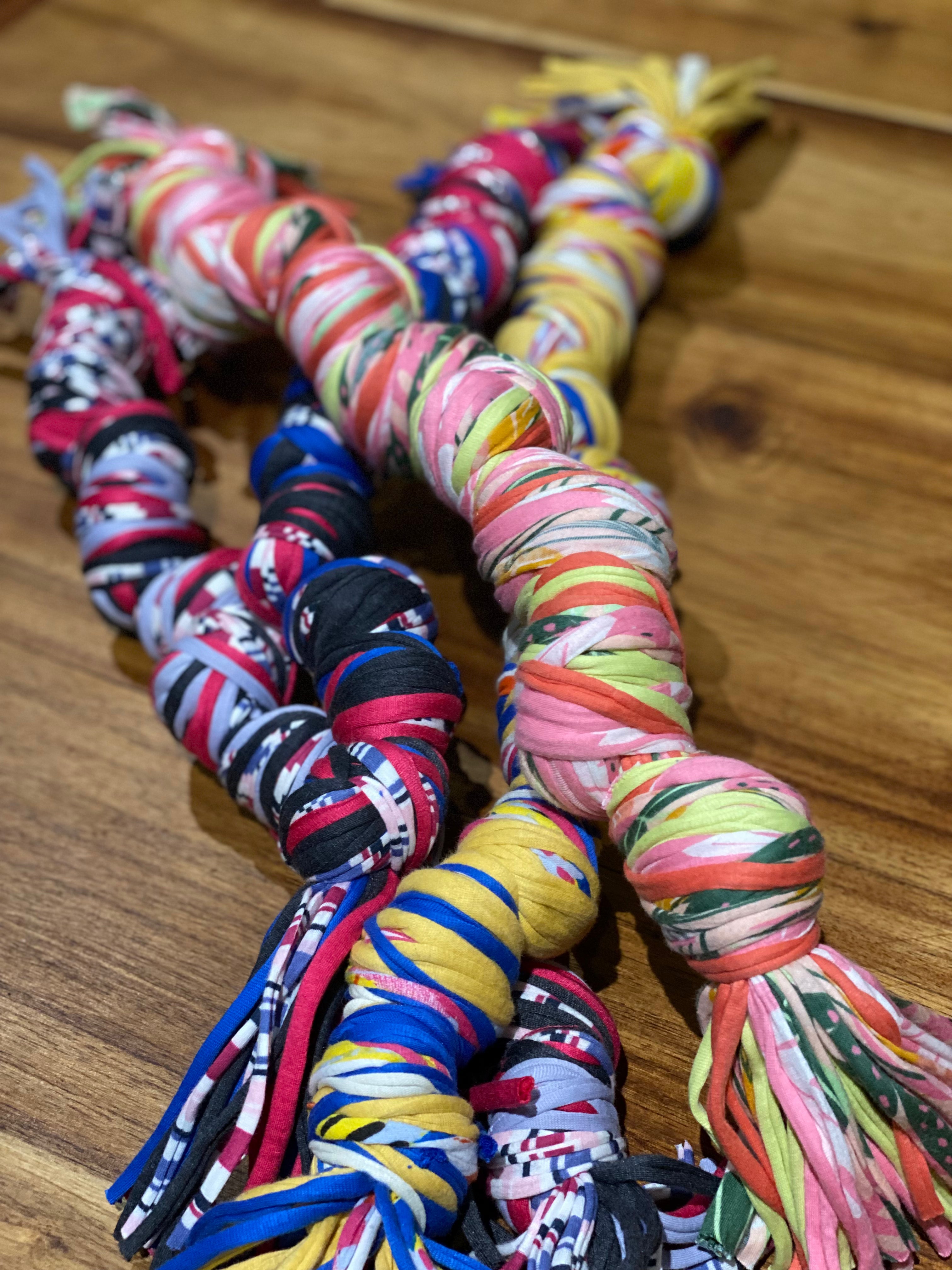 3Dogs knotted rope tug toy made from reclaimed fabric